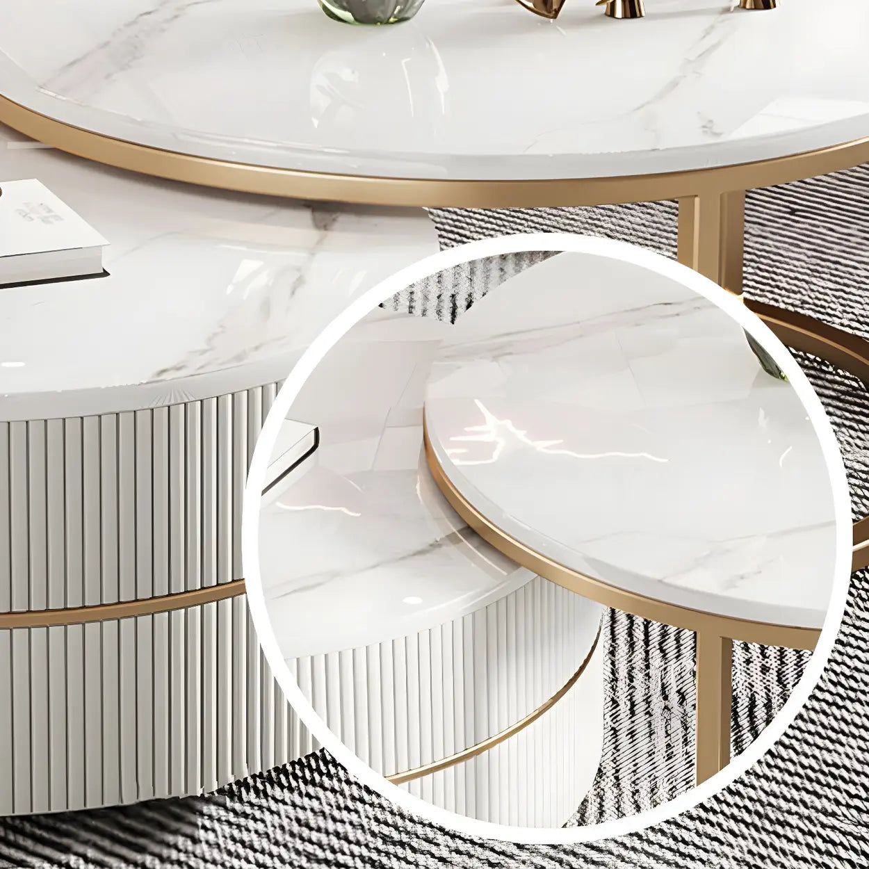 White Stone Round Coffee Table Set with Storage