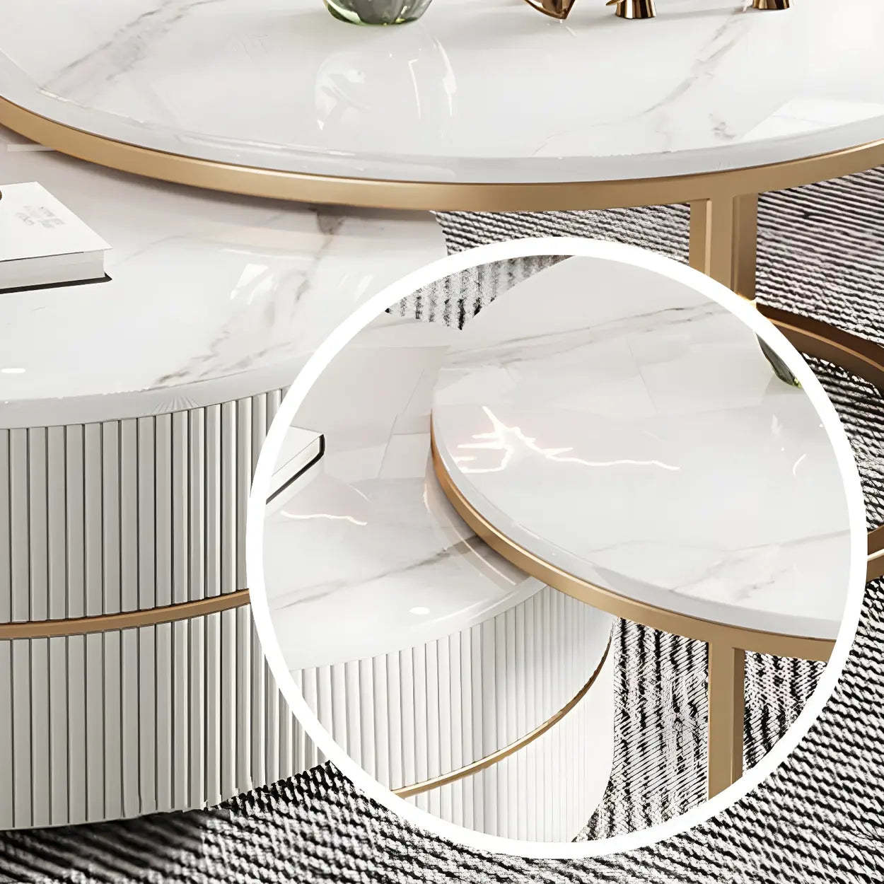 White Stone Round Coffee Table Set with Storage