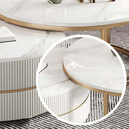 White Stone Round Coffee Table Set with Storage