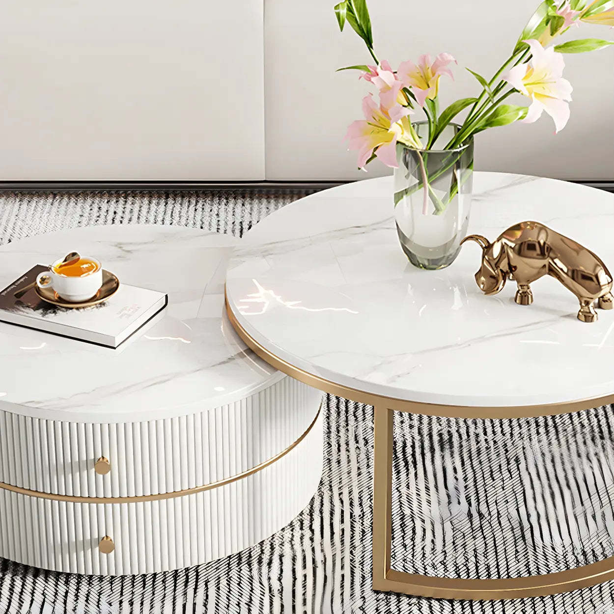 White Stone Round Coffee Table Set with Storage