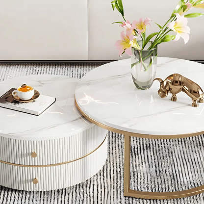 White Stone Round Coffee Table Set with Storage