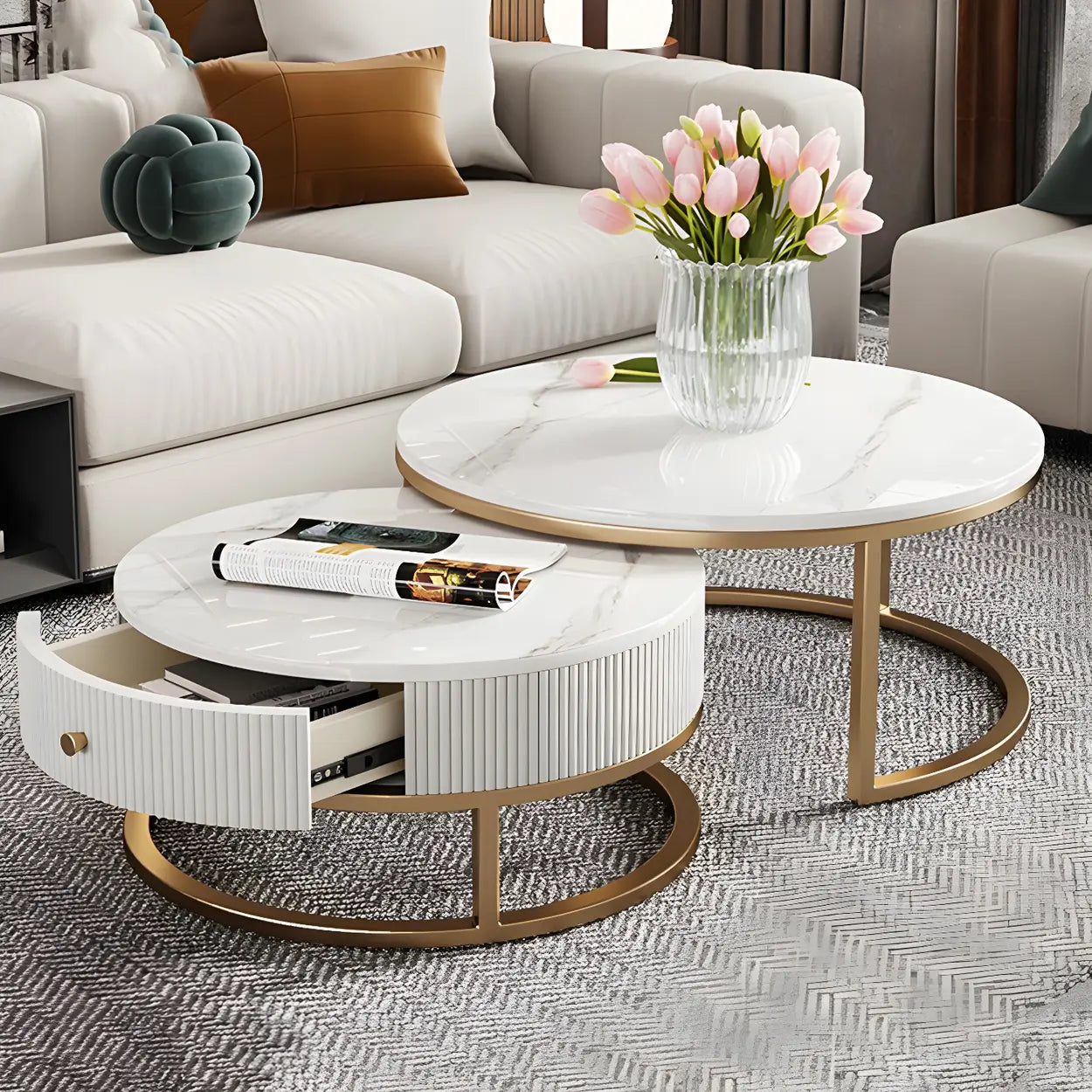 White Stone Round Coffee Table Set with Storage