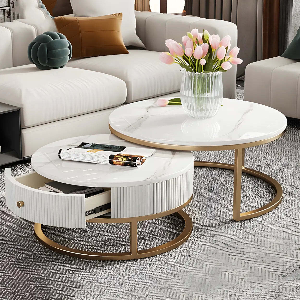 White Stone Round Coffee Table Set with Storage