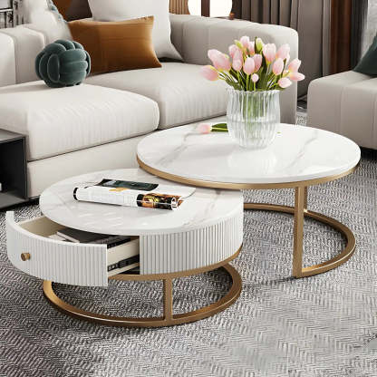 White Stone Round Coffee Table Set with Storage