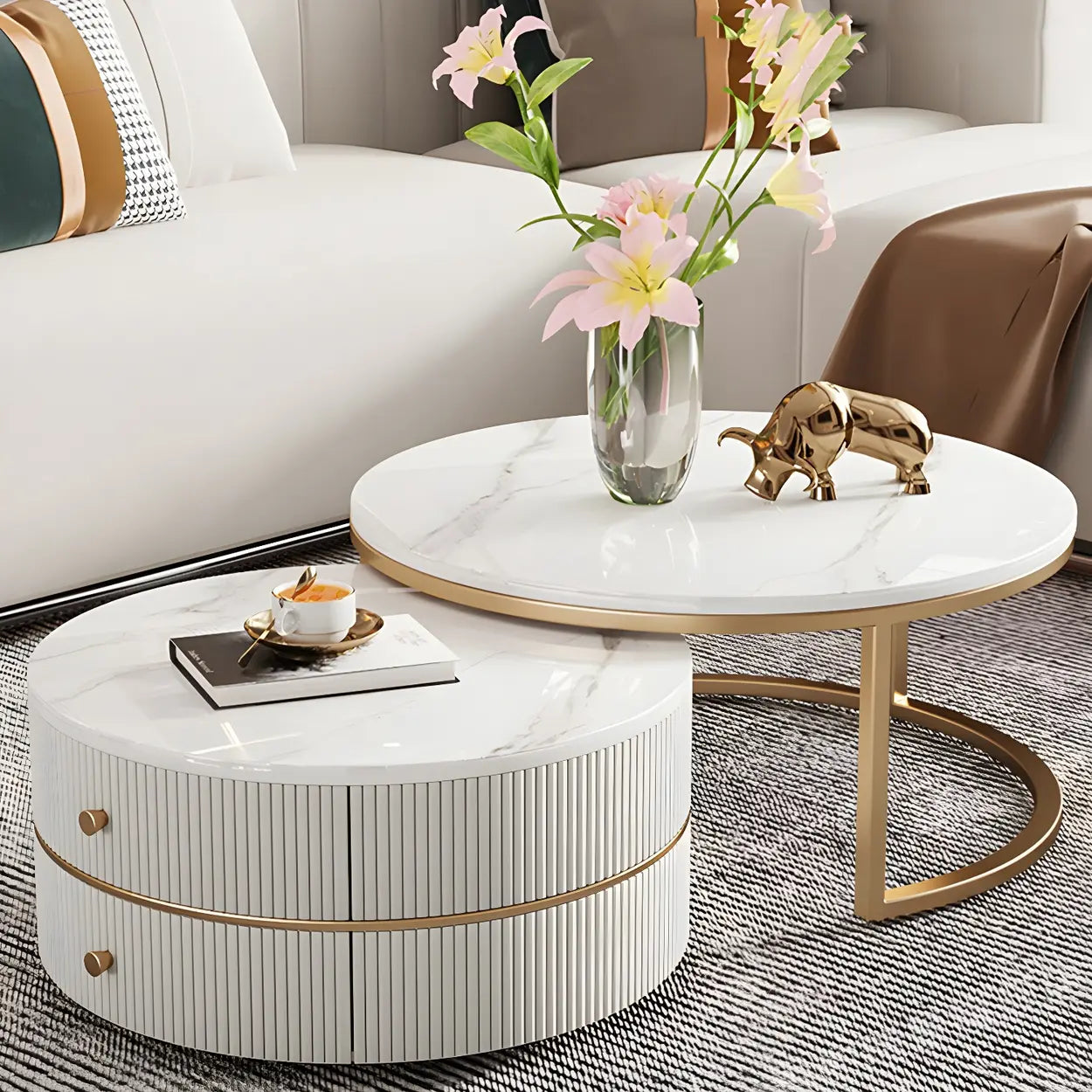 White Stone Round Coffee Table Set with Storage