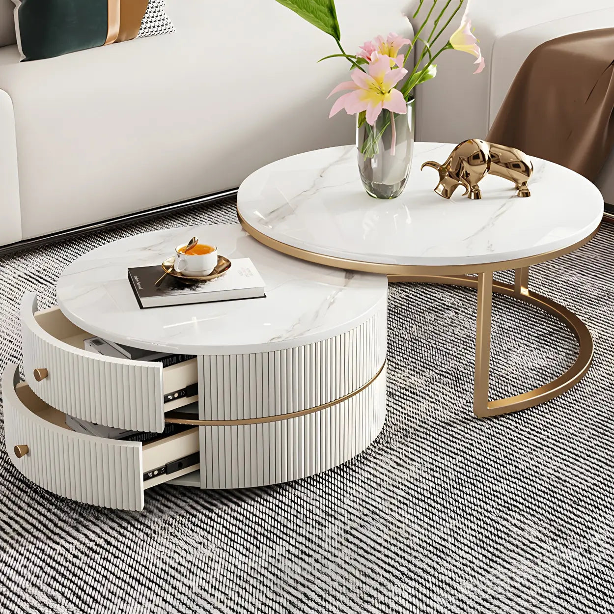 White Stone Round Coffee Table Set with Storage