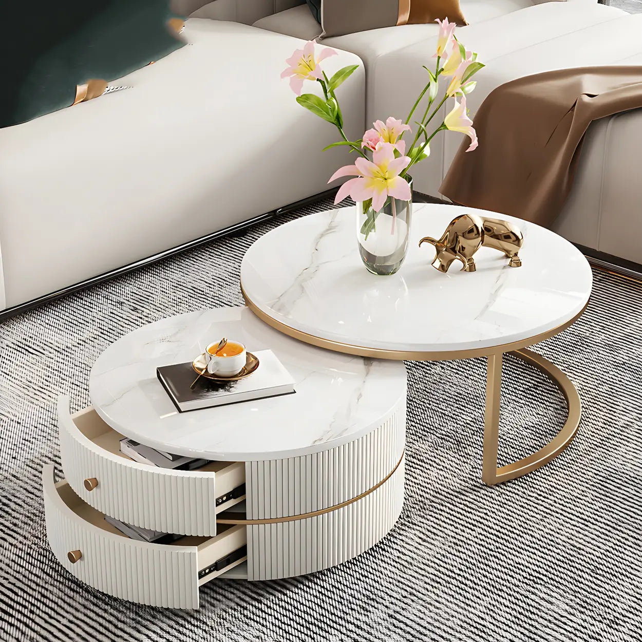 White Stone Round Coffee Table Set with Storage