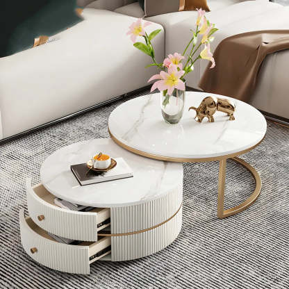 White Stone Round Coffee Table Set with Storage