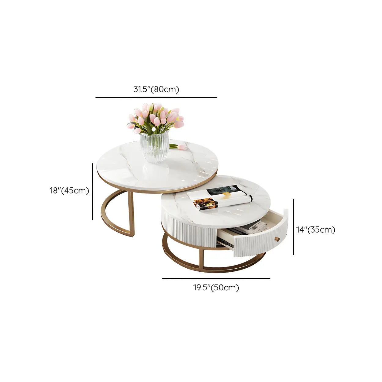 White Stone Round Coffee Table Set with Storage