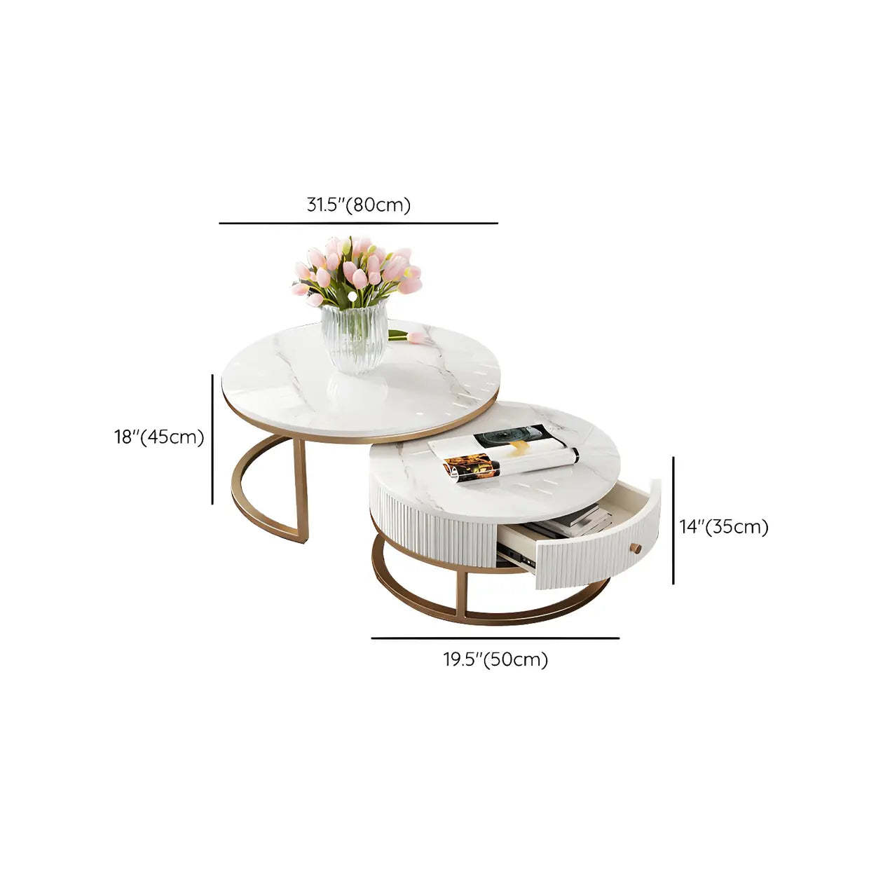 White Stone Round Coffee Table Set with Storage