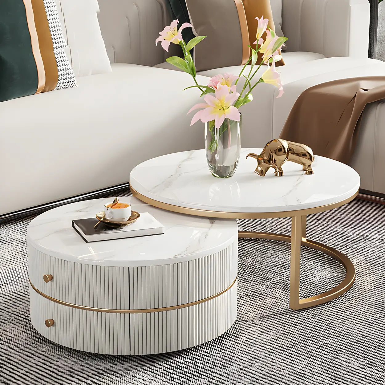 White Stone Round Coffee Table Set with Storage — Ivory