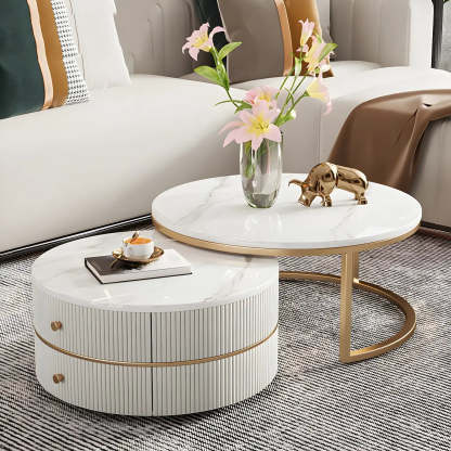 White Stone Round Coffee Table Set with Storage — Ivory