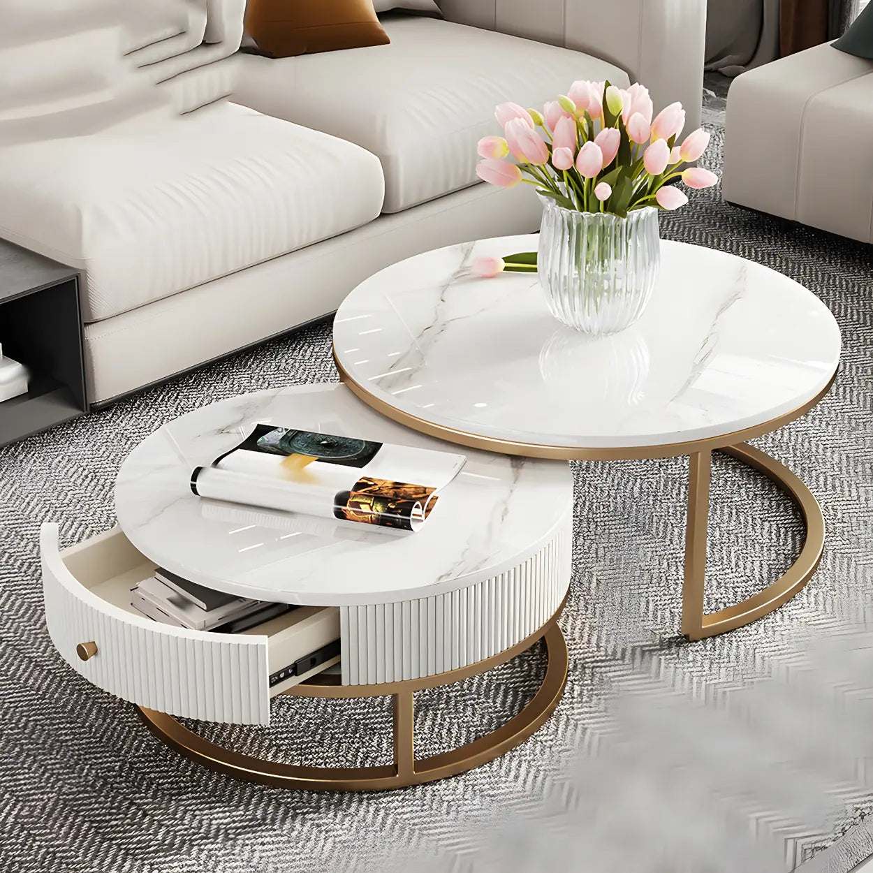 White Stone Round Coffee Table Set with Storage — White