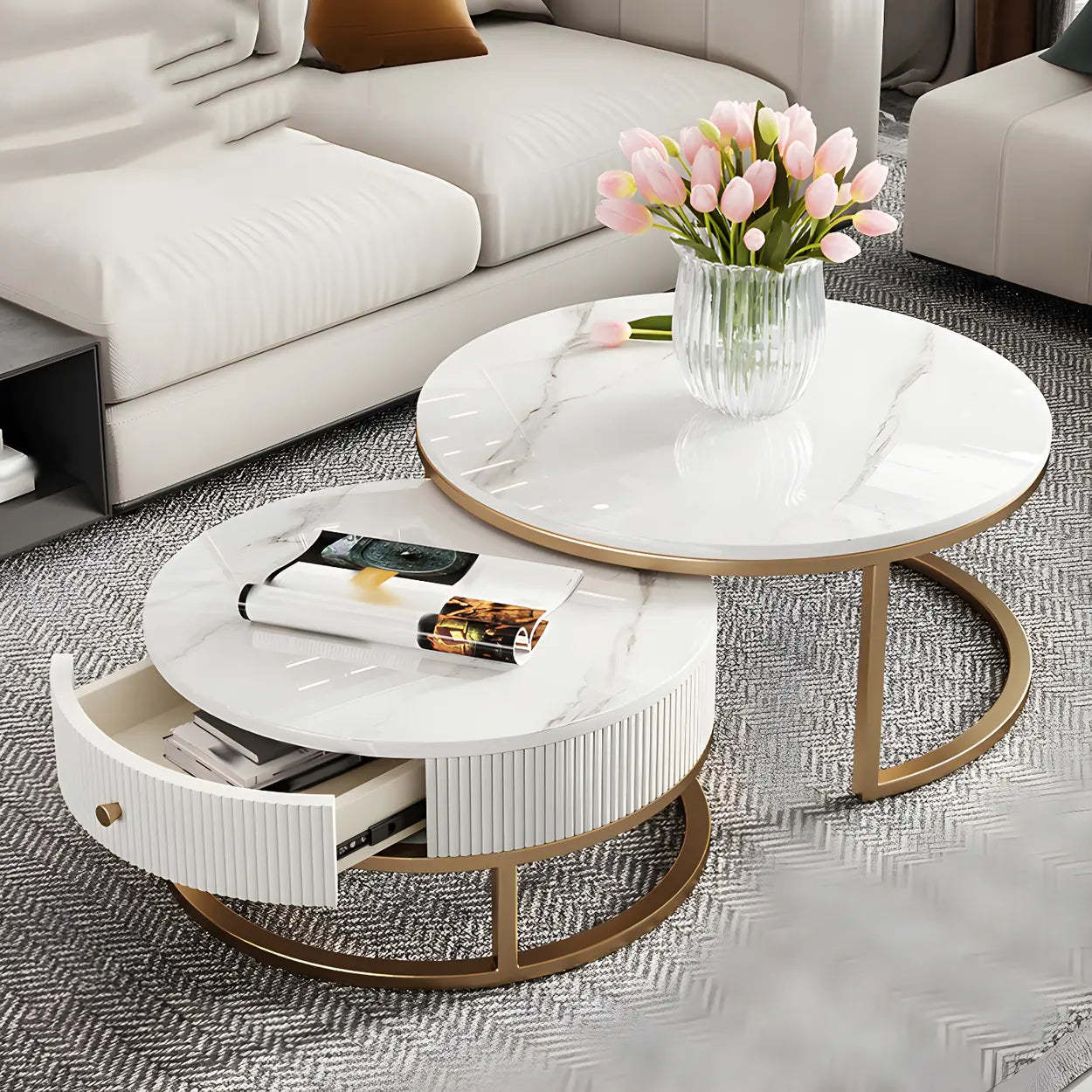 White Stone Round Coffee Table Set with Storage — White