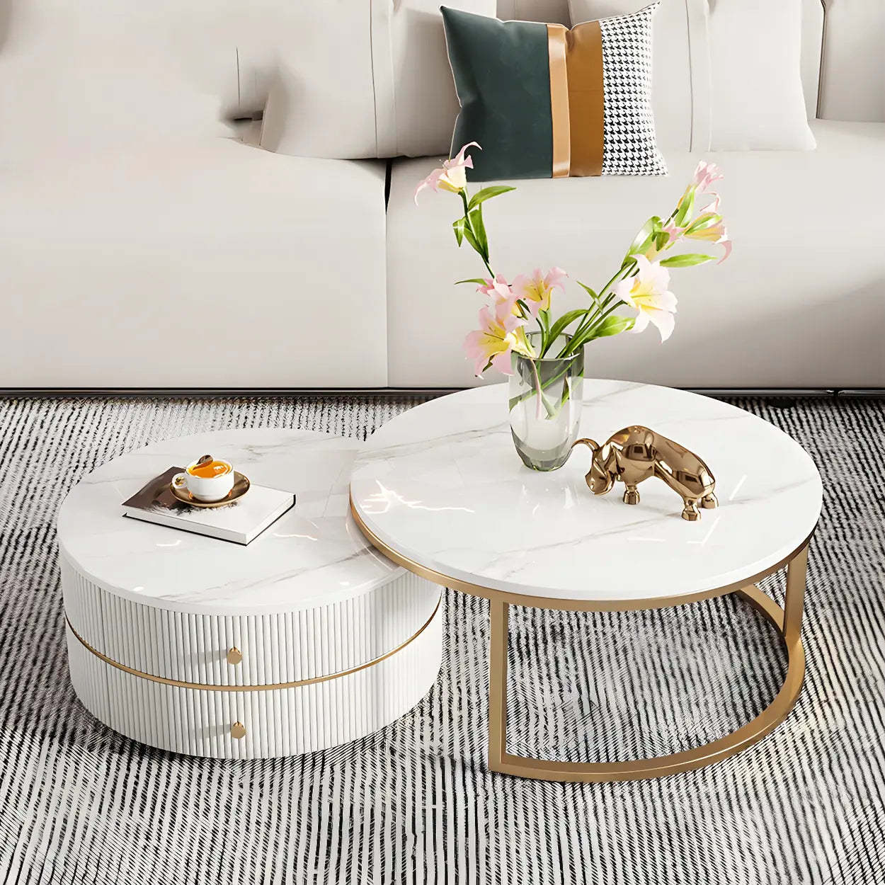 White Stone Round Coffee Table Set with Storage — Ivory