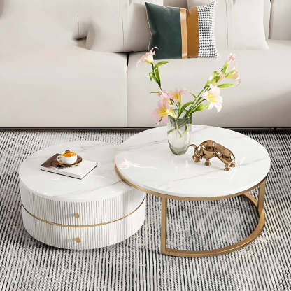 White Stone Round Coffee Table Set with Storage — Ivory