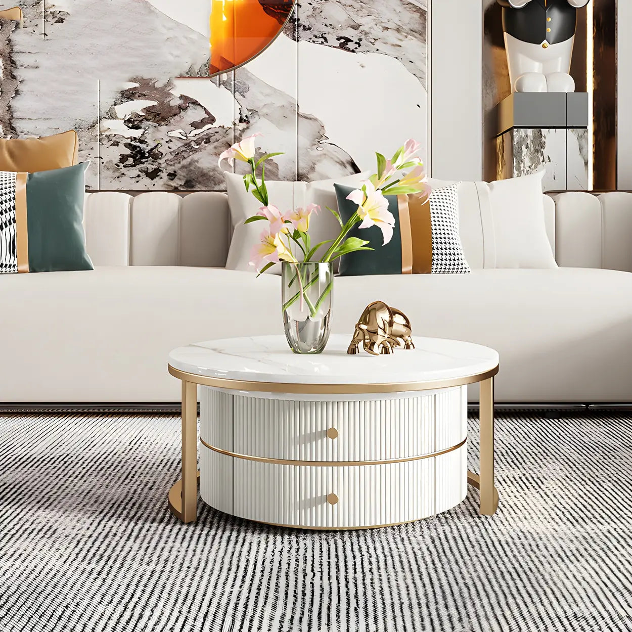 White Stone Round Coffee Table Set with Storage