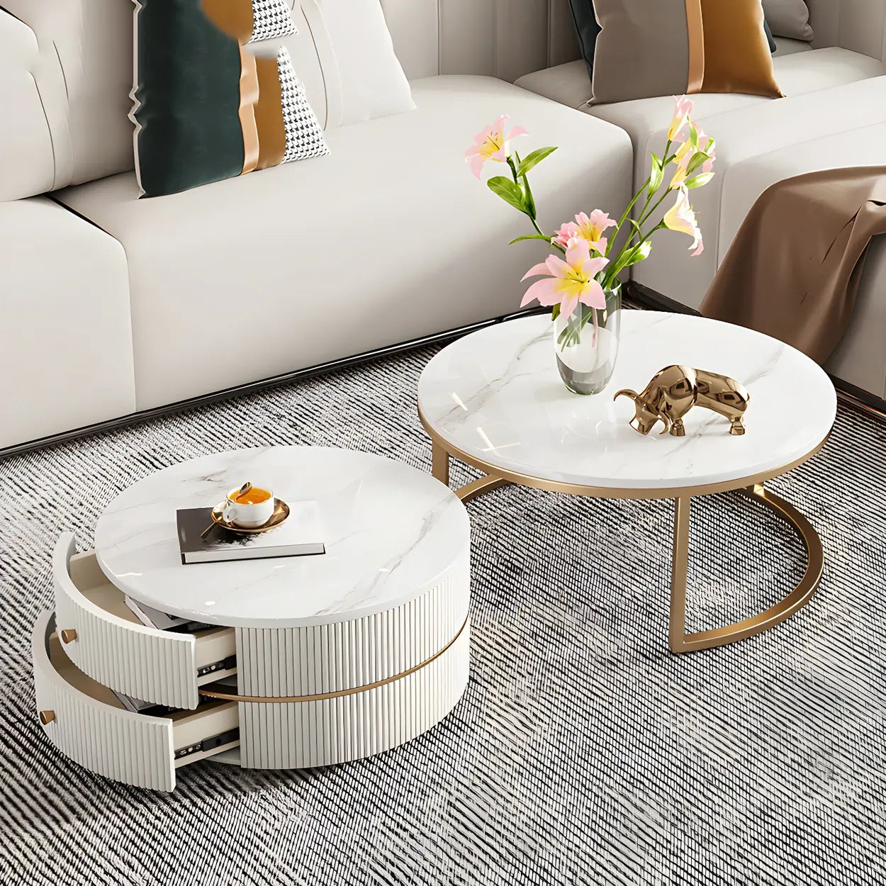 White Stone Round Coffee Table Set with Storage