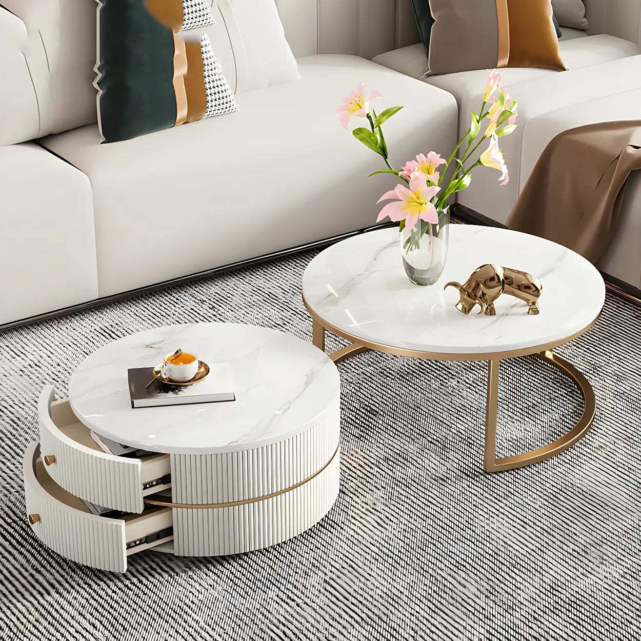 White Stone Round Coffee Table Set with Storage