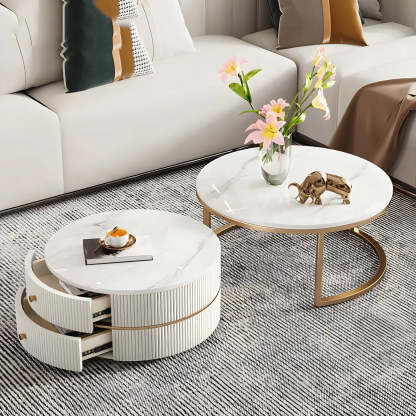 White Stone Round Coffee Table Set with Storage