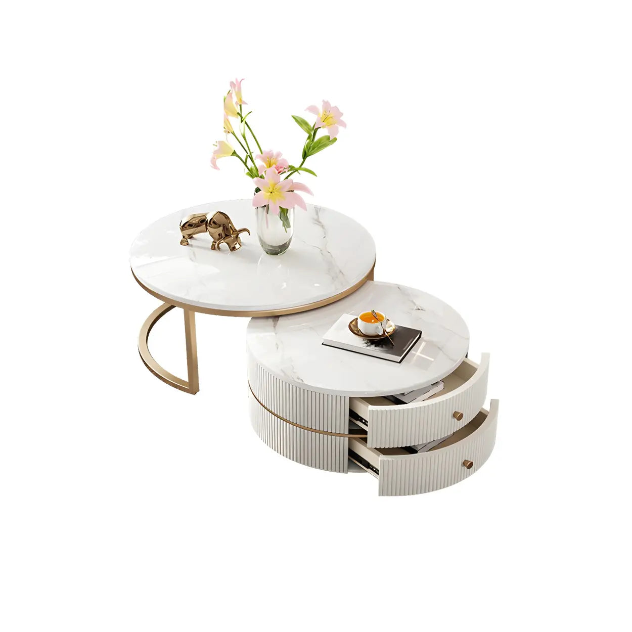 White Stone Round Coffee Table Set with Storage