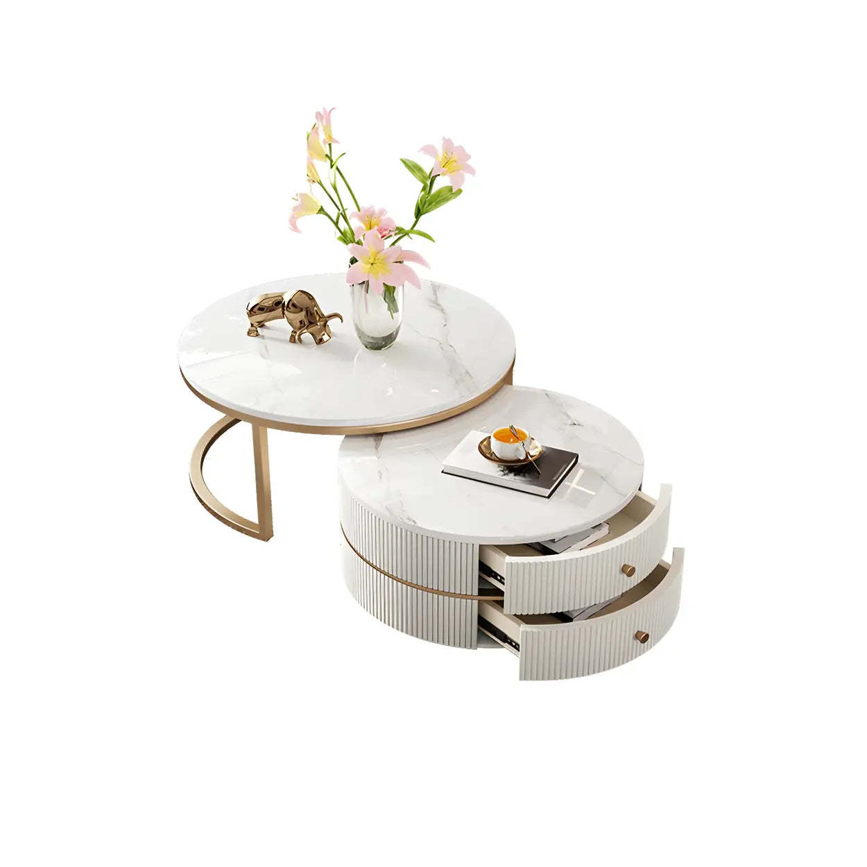 White Stone Round Coffee Table Set with Storage