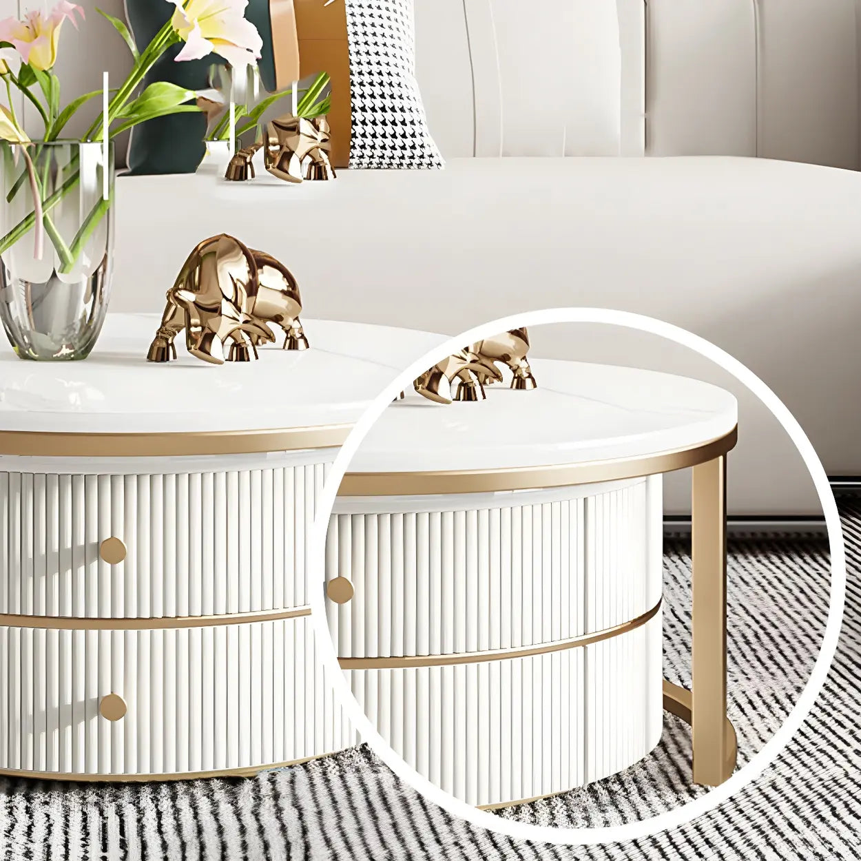 White Stone Round Coffee Table Set with Storage