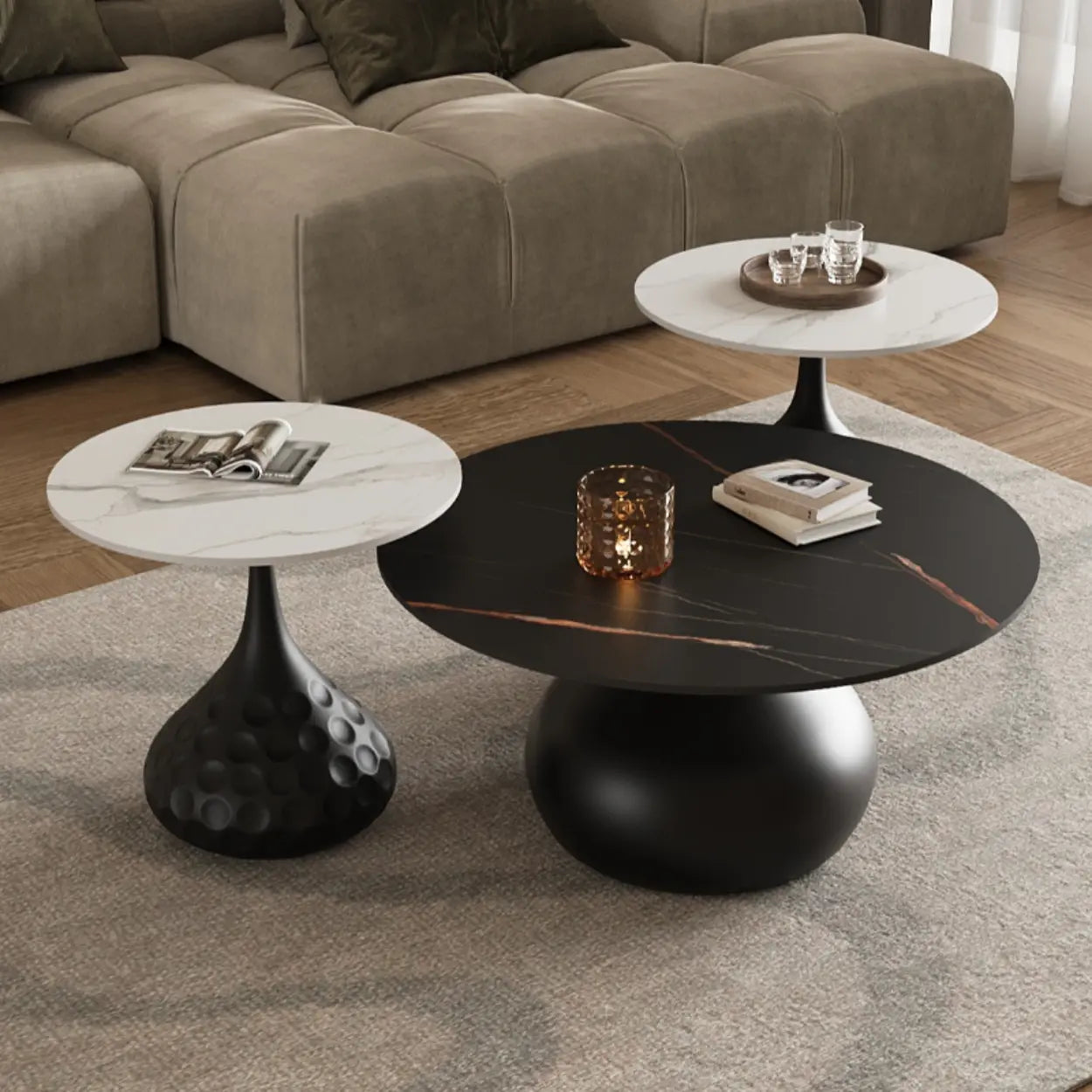 White Stone Round Metal Base Nesting Coffee Tables