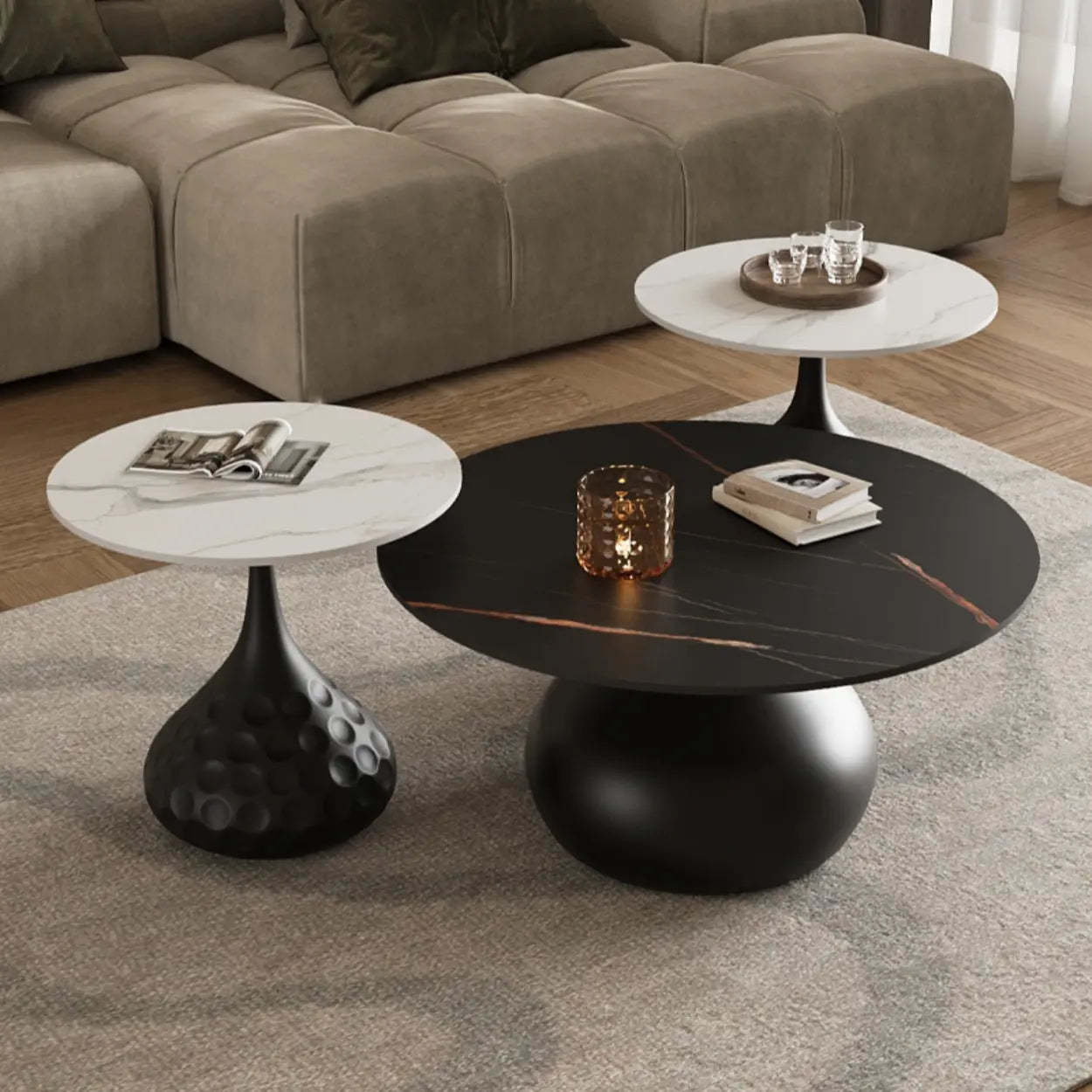 White Stone Round Metal Base Nesting Coffee Tables