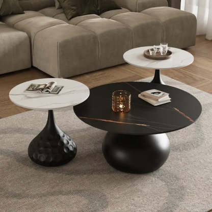 White Stone Round Metal Base Nesting Coffee Tables