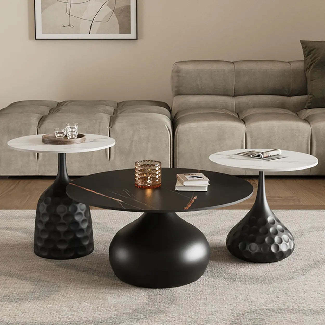 White Stone Round Metal Base Nesting Coffee Tables