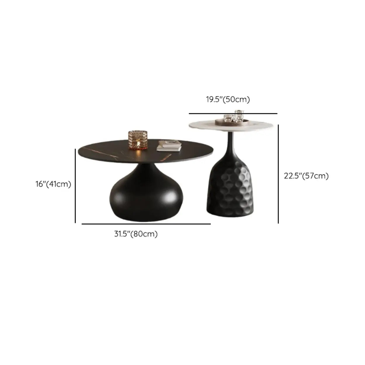 White Stone Round Metal Base Nesting Coffee Tables