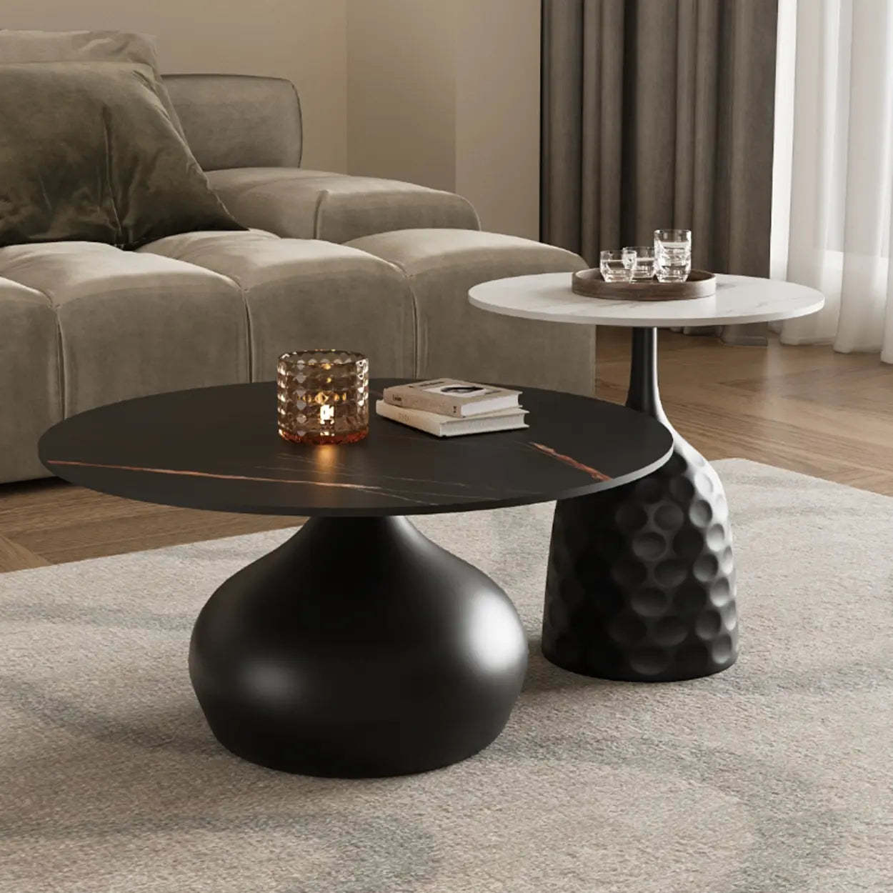White Stone Round Metal Base Nesting Coffee Tables