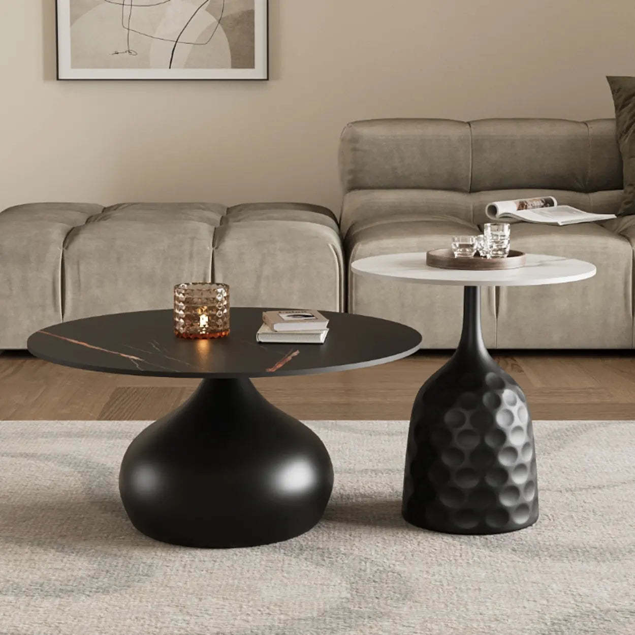 White Stone Round Metal Base Nesting Coffee Tables