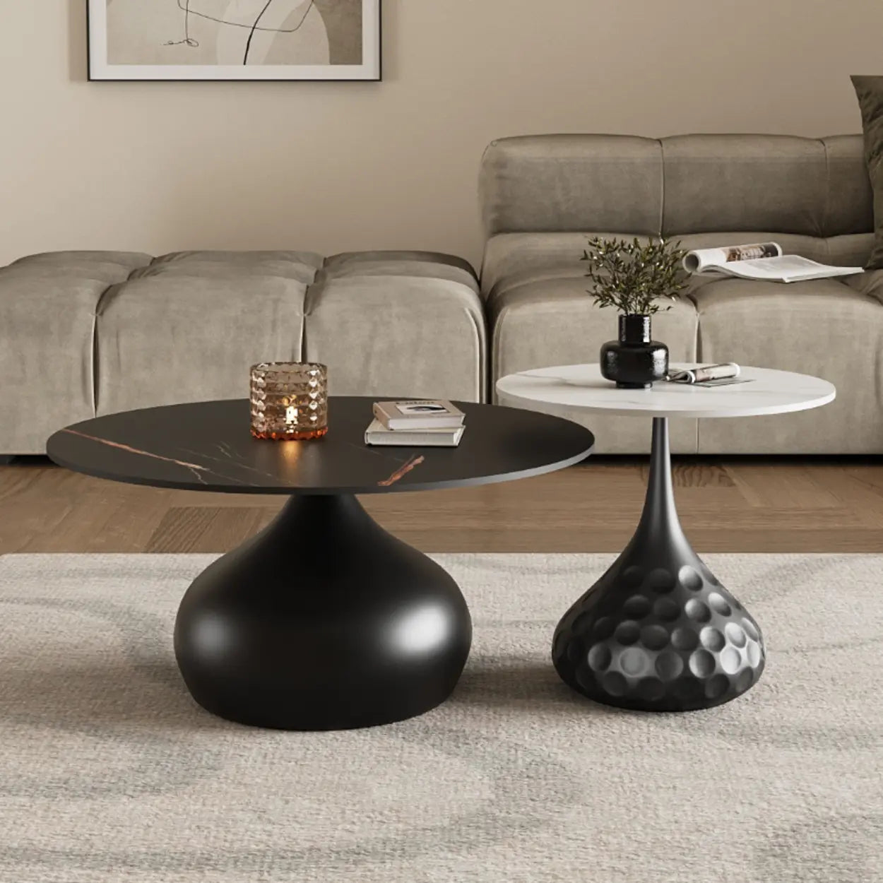 White Stone Round Metal Base Nesting Coffee Tables