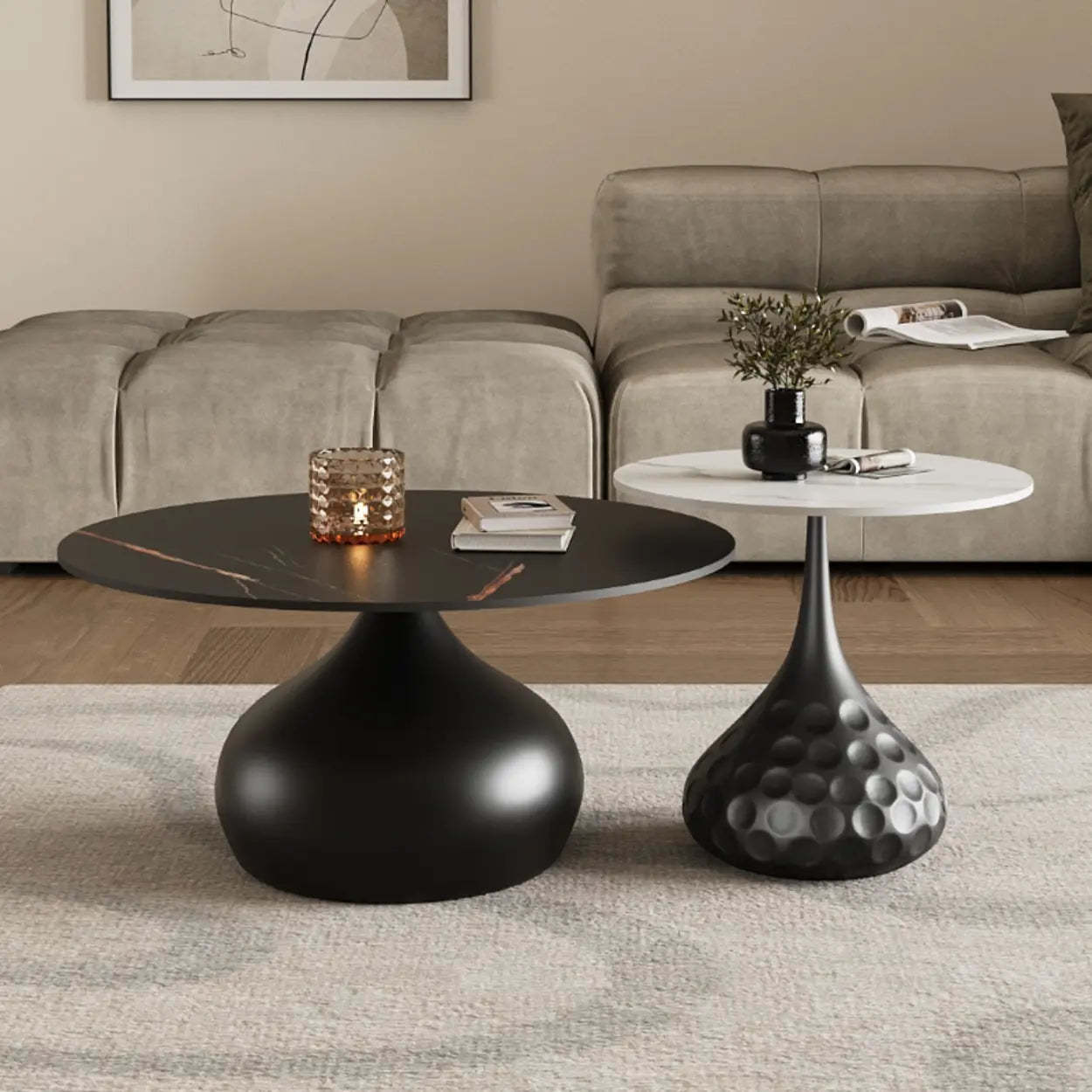 White Stone Round Metal Base Nesting Coffee Tables