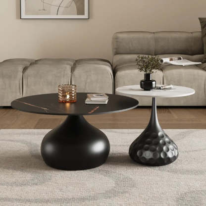 White Stone Round Metal Base Nesting Coffee Tables
