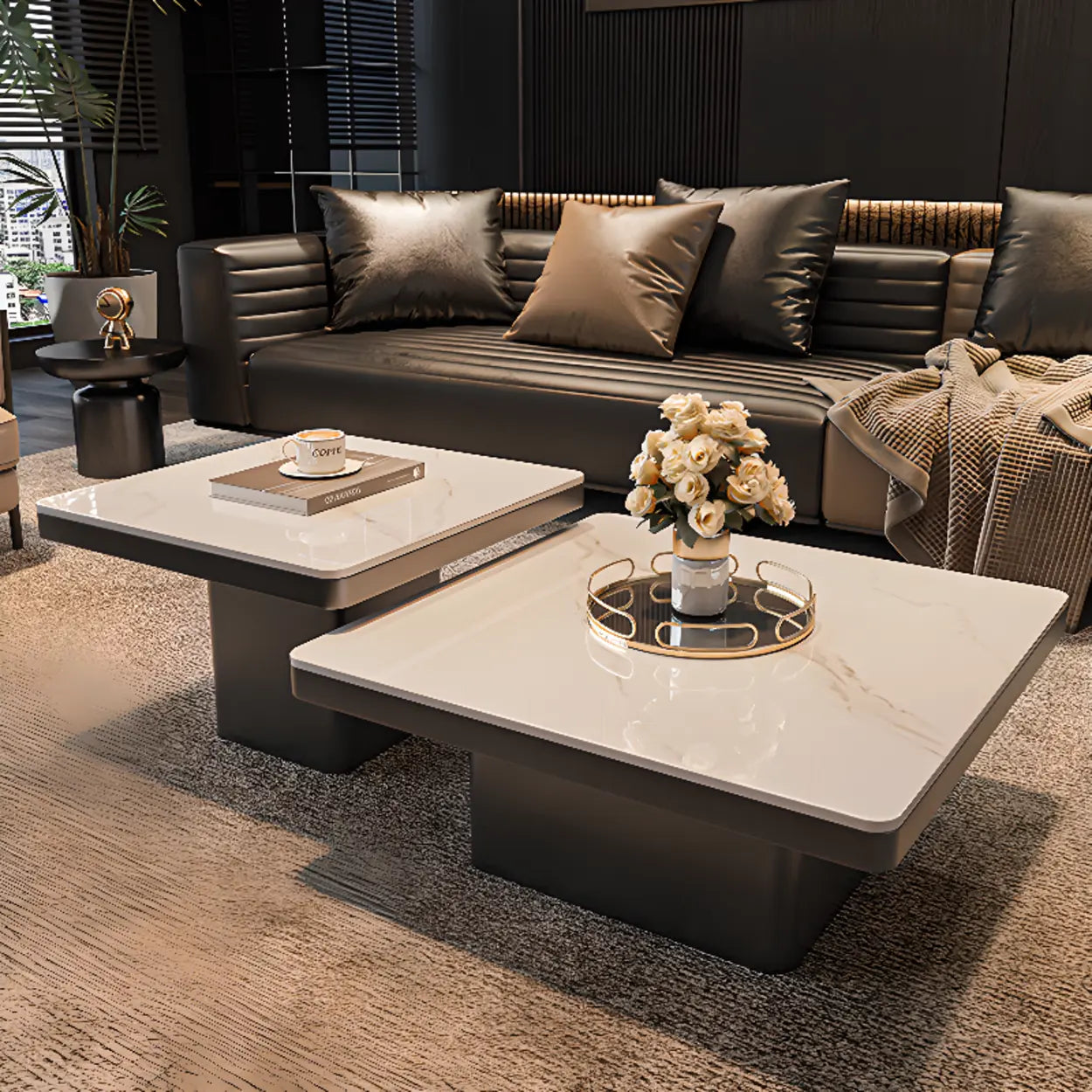 Square Stone-Top Metal Coffee Table — Black