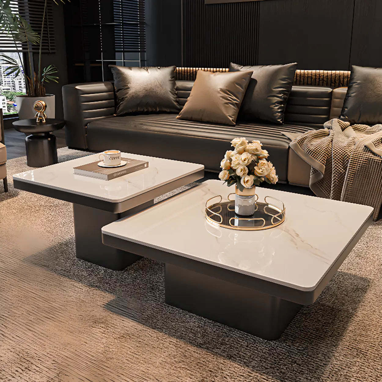 Square Stone-Top Metal Coffee Table — Black