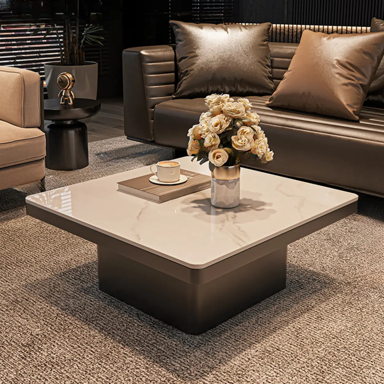 Square Stone-Top Metal Coffee Table — White