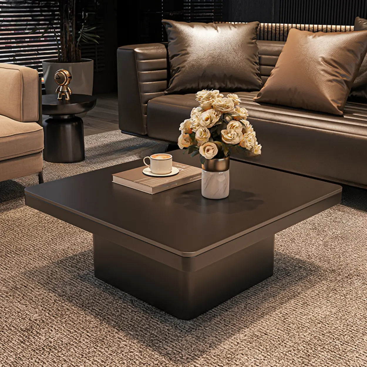 Square Stone-Top Metal Coffee Table — Black/ Clear