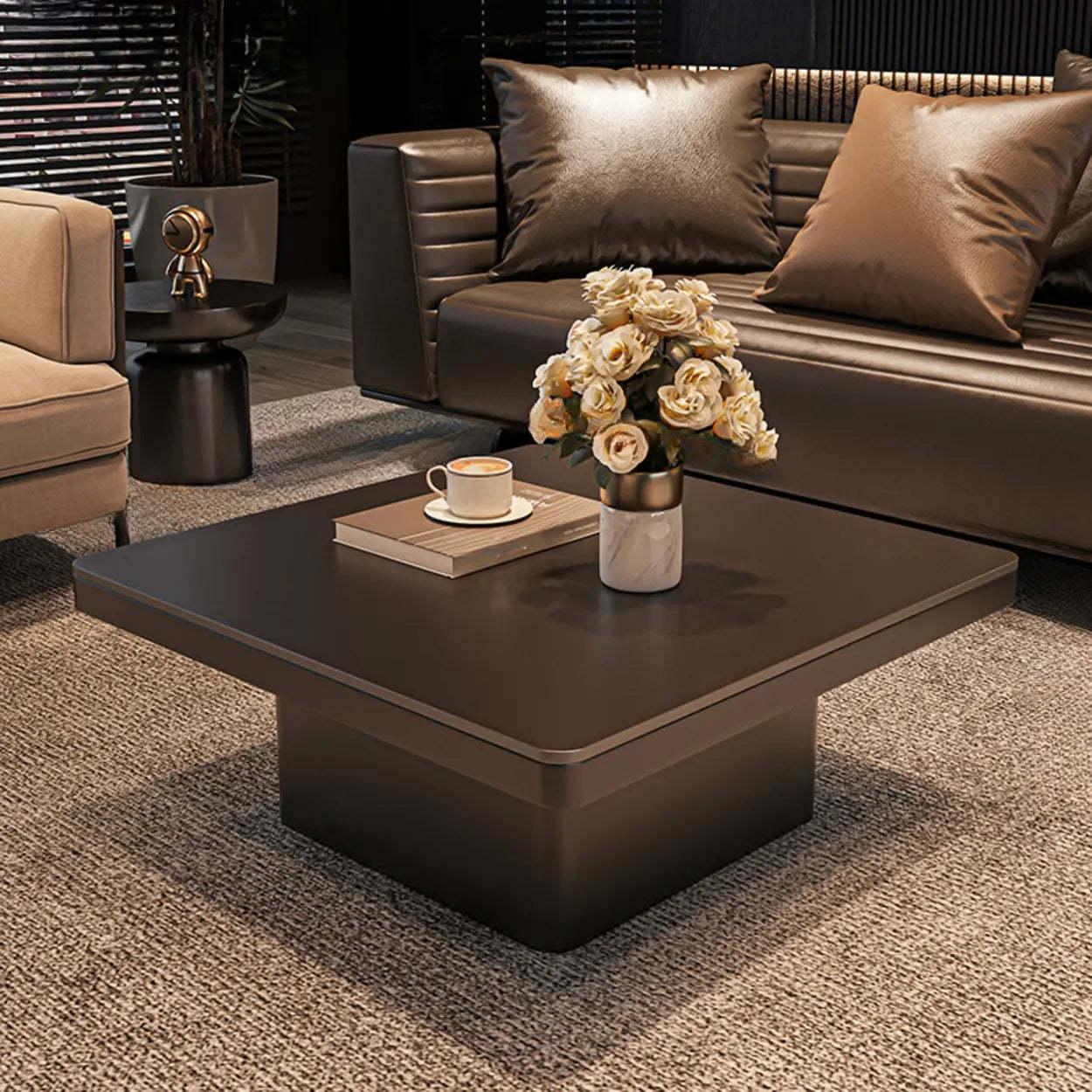 Square Stone-Top Metal Coffee Table — Black/ Clear