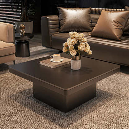 Square Stone-Top Metal Coffee Table — Black/ Clear