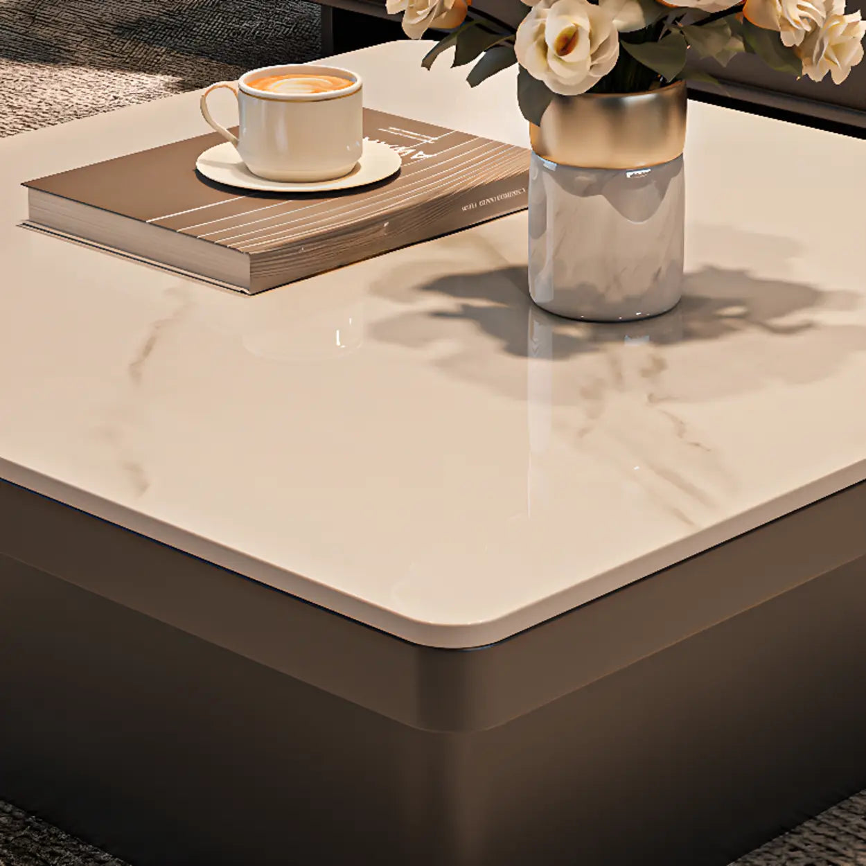 Square Stone-Top Metal Coffee Table — Black