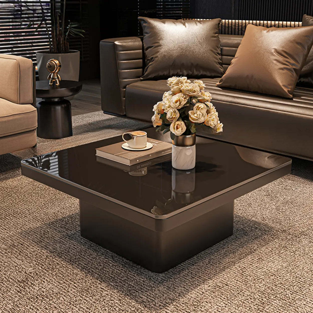Square Stone-Top Metal Coffee Table — White
