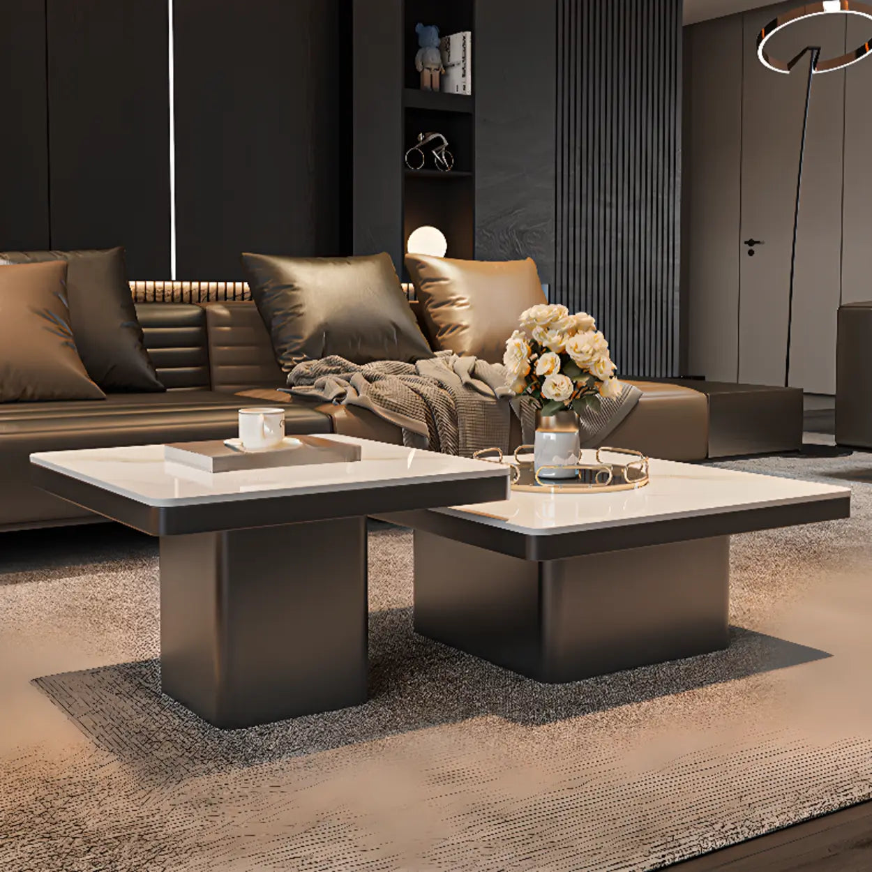 Square Stone-Top Metal Coffee Table — Black/ Clear
