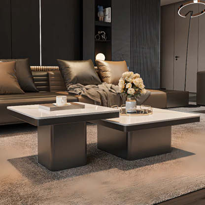 Square Stone-Top Metal Coffee Table — Black/ Clear