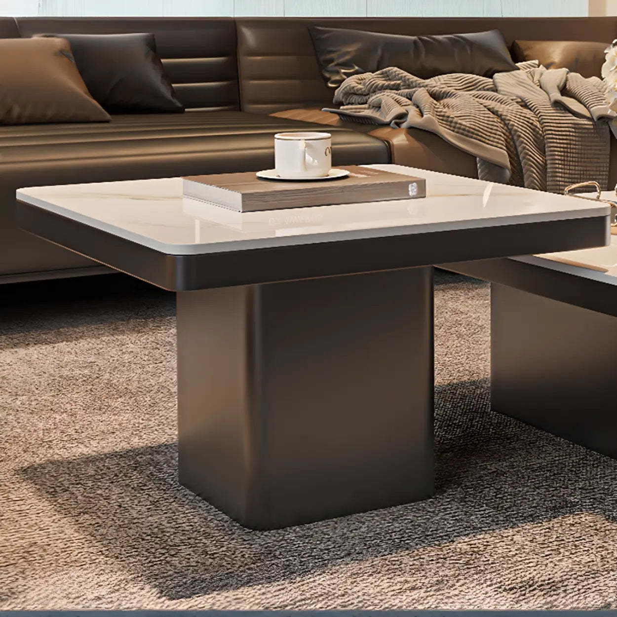 Square Stone-Top Metal Coffee Table