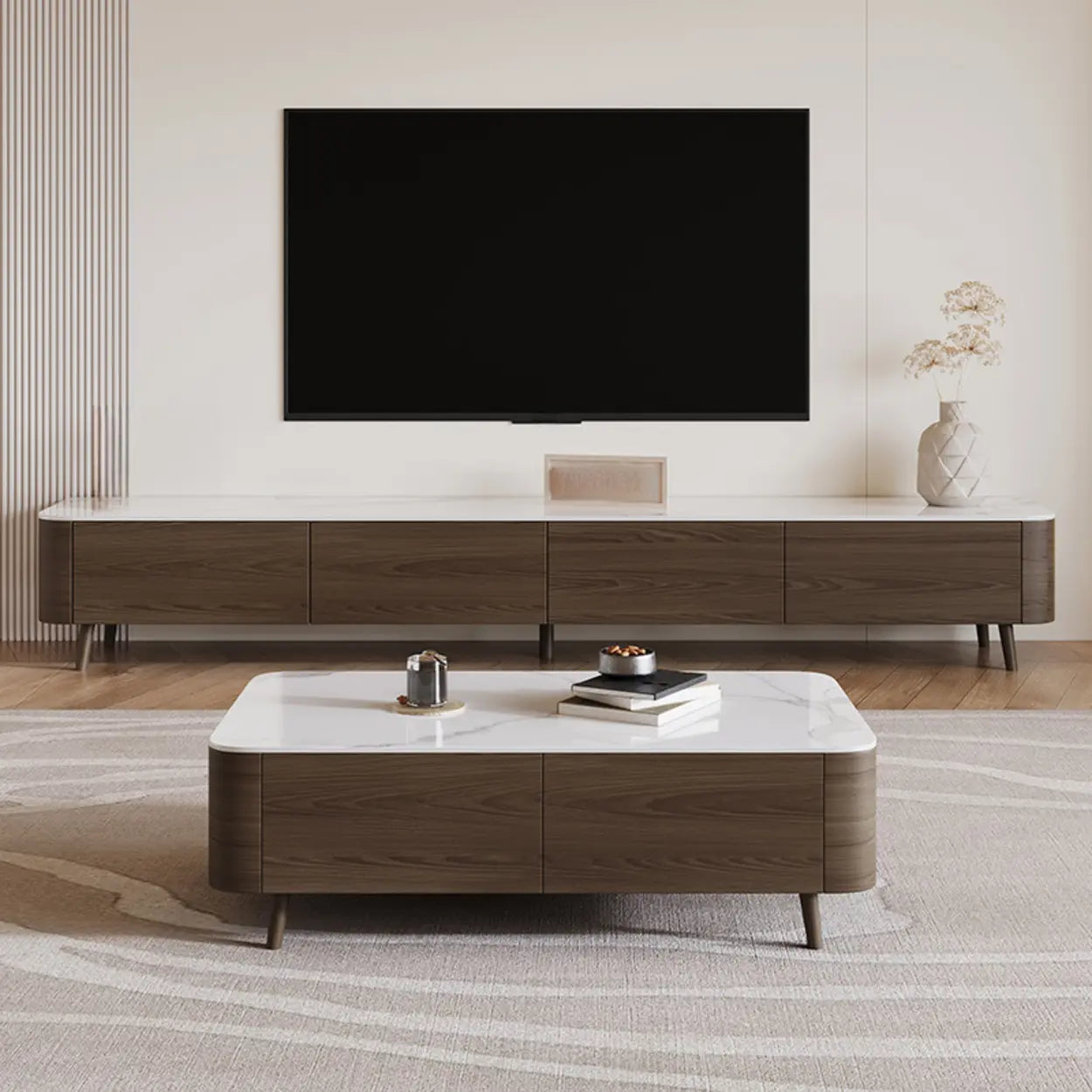 White Stone-Top Drawer TV Stand with Cable Management