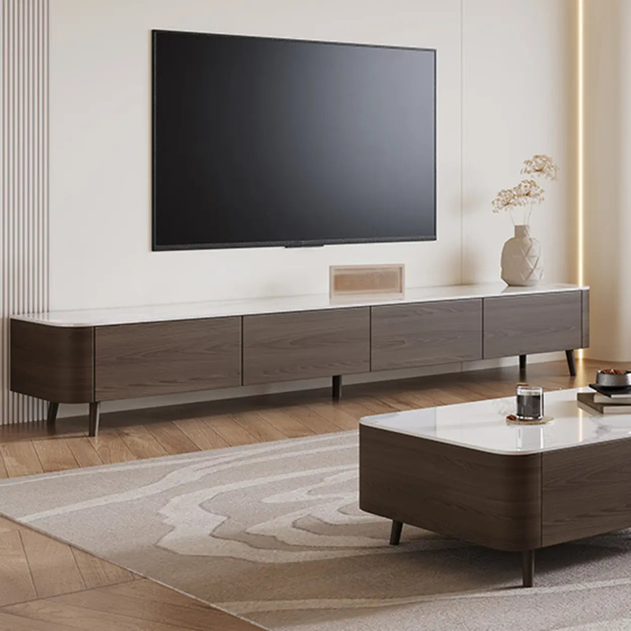 White Stone-Top Drawer TV Stand with Cable Management